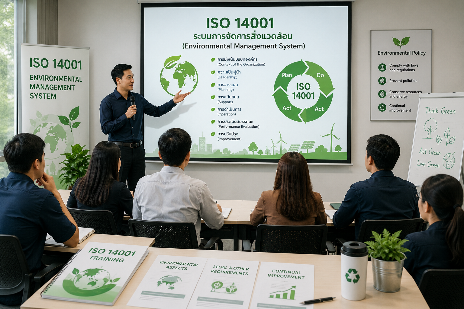 This image shows a professional ISO 14001 Environmental Management System training session where a trainer is explaining key sustainability concepts to participants in a classroom setting. The presentation highlights green management principles such as the PDCA cycle, pollution prevention, resource conservation, and continual improvement. The setting reflects an organized corporate learning environment focused on improving environmental performance and compliance with ISO 14001 standards.